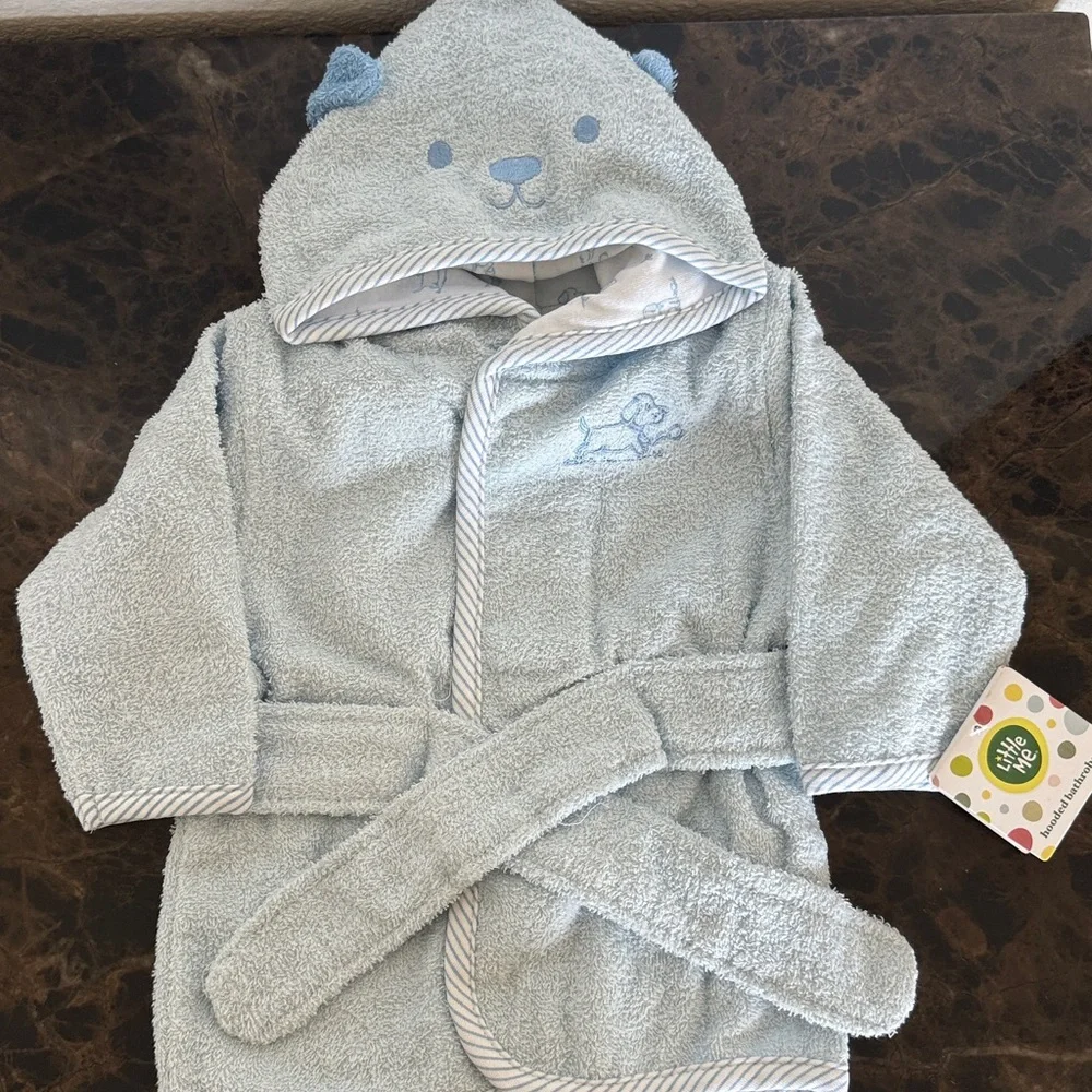 New! Light Blue Hooded Baby Bath Robe with Belt, 0-9 Months